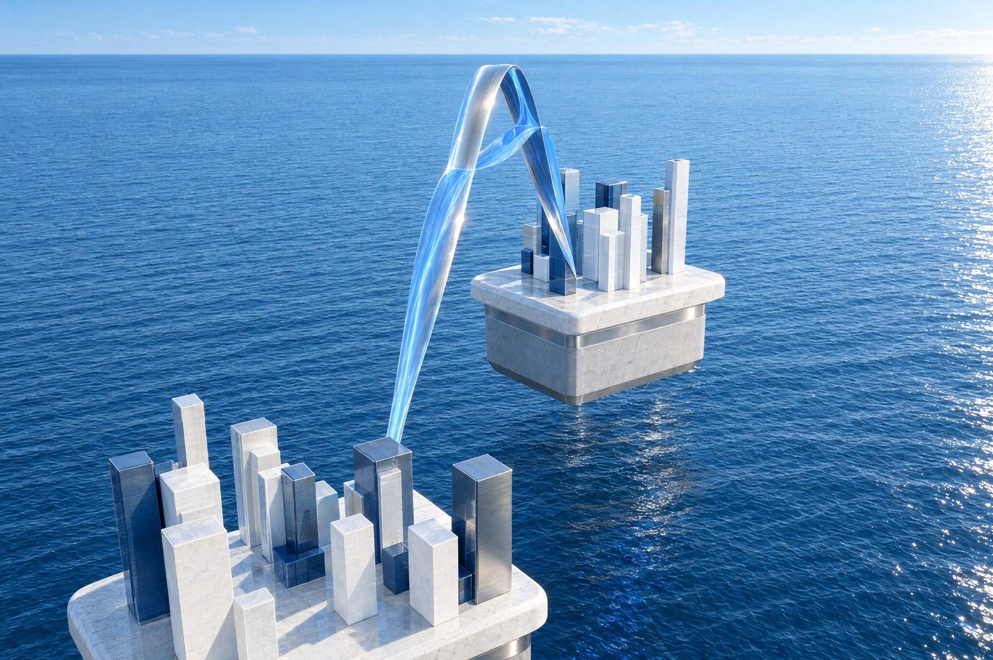 바다 위 두 도시 섬을 파란·은색 두 가닥 빛의 항로가 잇는 장면